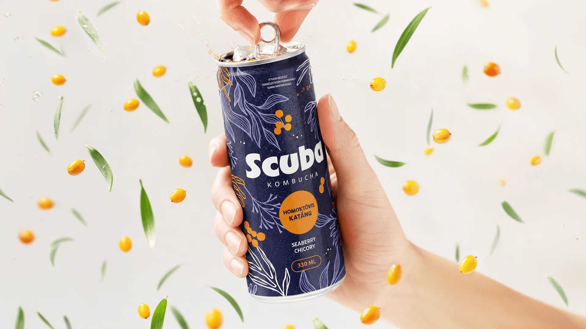 Scuba Kombucha csomagolásdesign kézben tartott dobozzal és friss vizes vizuális világgal