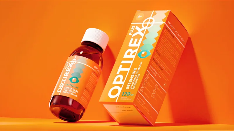 Optirex Plus szemvitamin csomagolástervezés modern narancssárga vizuális világban