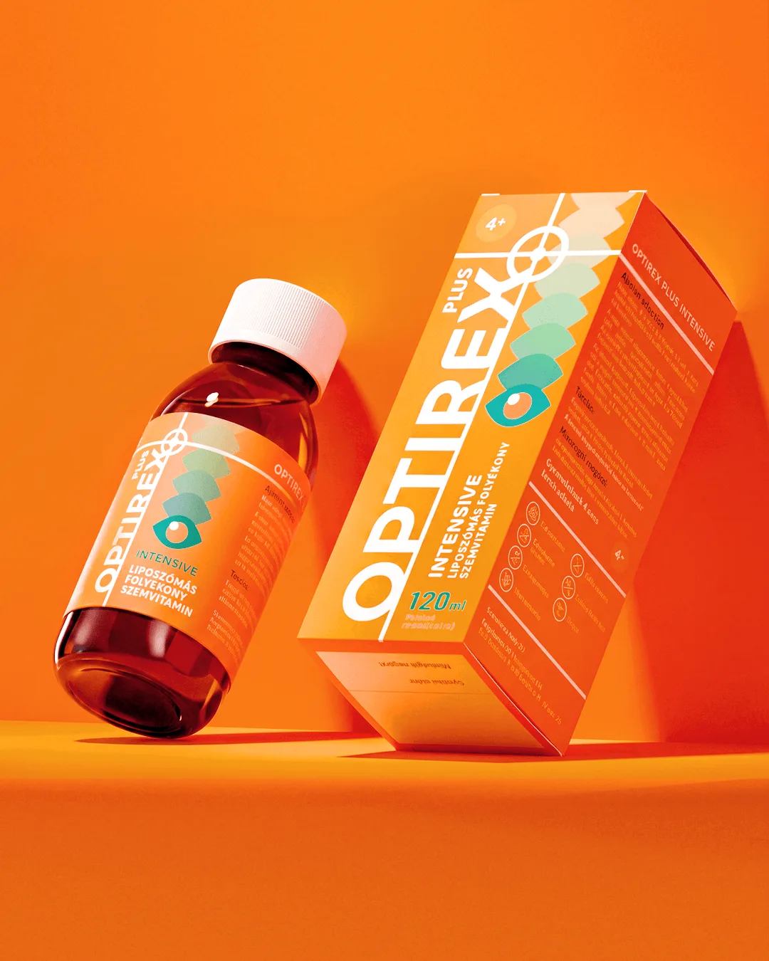 Optirex Plus szemvitamin csomagolástervezés modern narancssárga vizuális világban