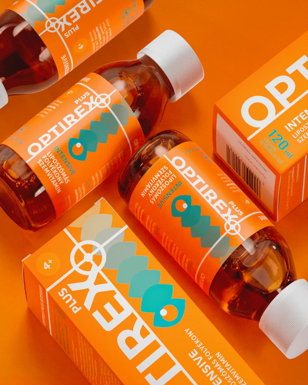 Optirex Plus csomagolástervezés termékdobozzal és üveges patikai kiszereléssel