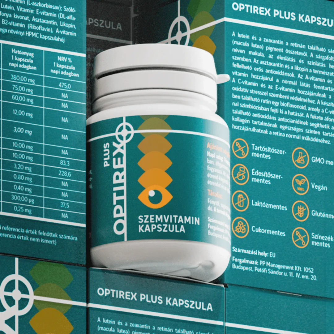 Optirex Plus csomagolástervezés termékcsaláddal, dobozzal és patikai kiszereléssel