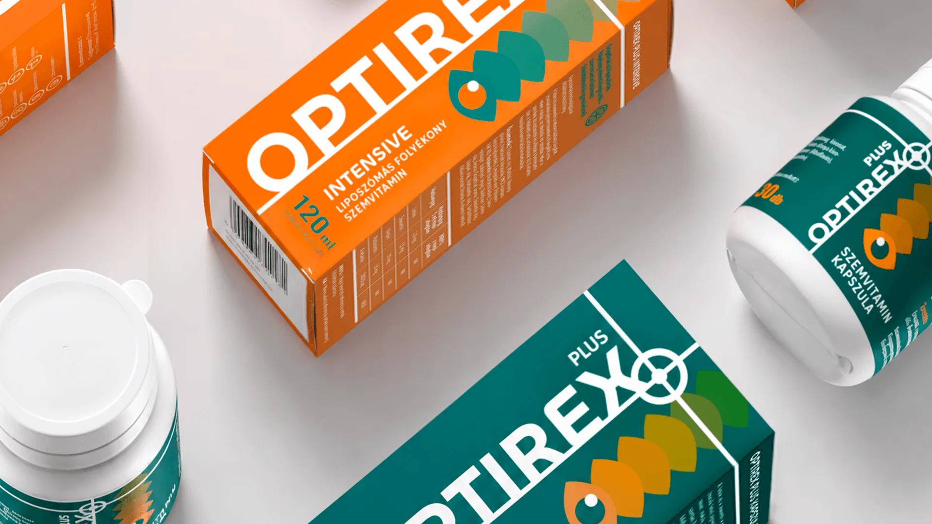 Optirex Plus csomagolási rendszer narancssárga és zöld patikai kiszerelésekkel
